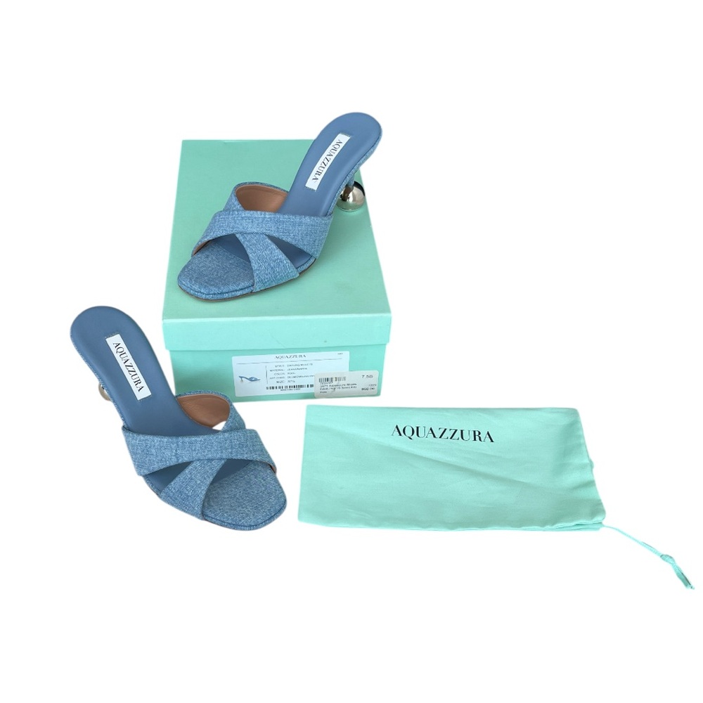 NWT Authentic Aquazzura Darling Mule 75 Open Toe Heels Sandals in Blue Denim - Picture 9 of 10